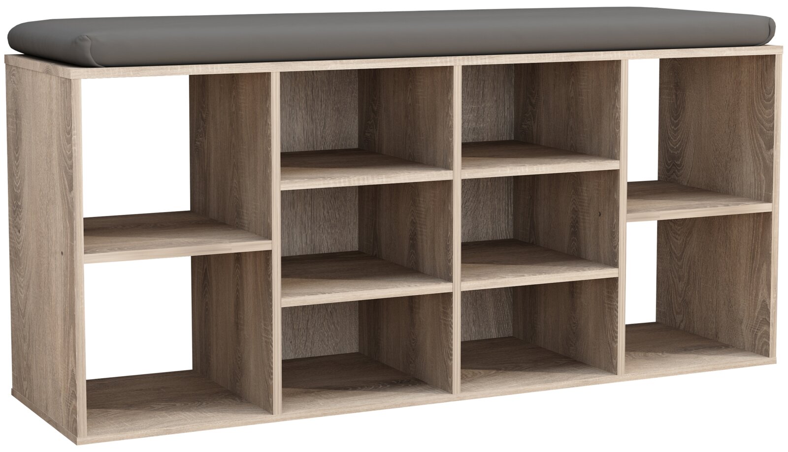 Holzoptik-Schuhbank mit grauem Sitzpolster und offenen Regalfächern, Frontansicht leicht schräg von vorn