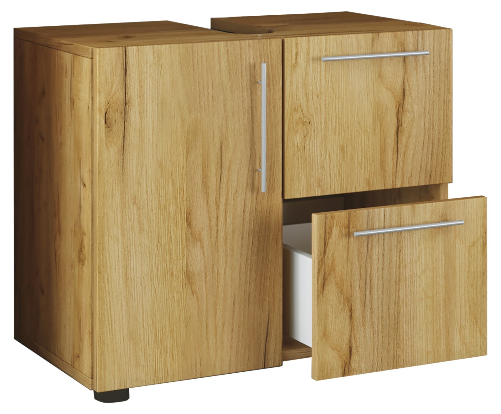 Holzoptik-Unterschrank mit Tür links und zwei Schubladen rechts, untere Schublade geöffnet; Ansicht schräg von vorn links.