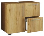 Holzoptik-Unterschrank mit Tür links und zwei Schubladen rechts, untere Schublade geöffnet; Ansicht schräg von vorn links.