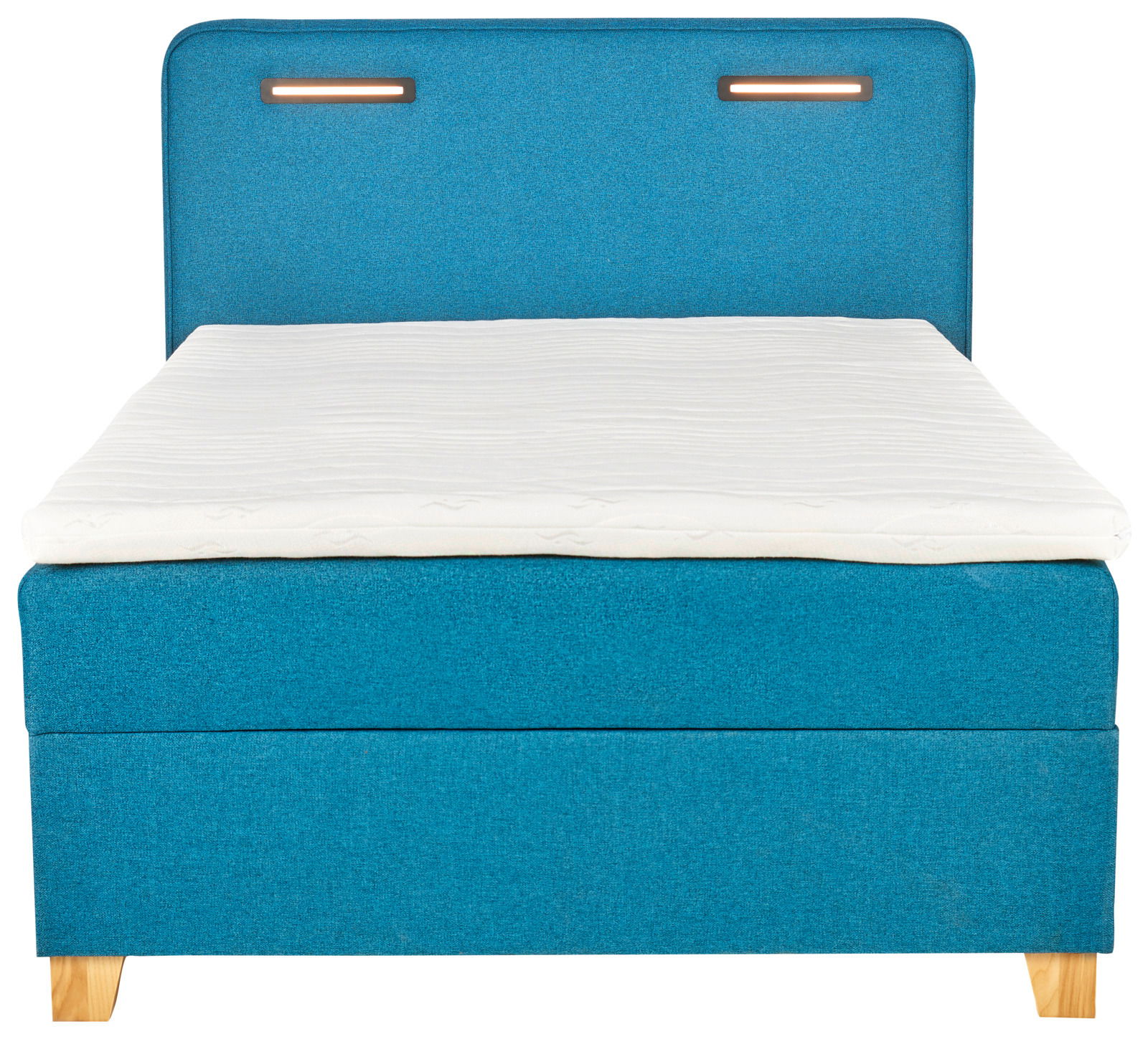 Boxbett in Blau mit gepolstertem Kopfteil und Holzfüßen, Frontalansicht