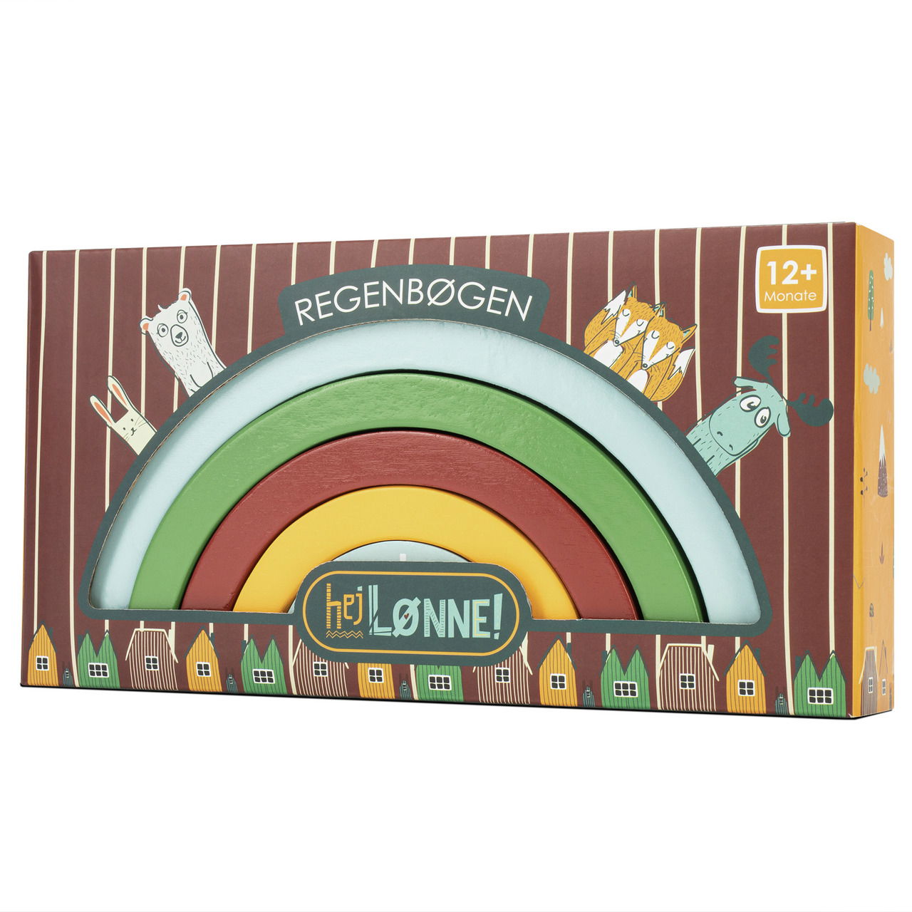 Holz-Regenbogen-Spielzeug in einer bunten Verpackung, seitliche Perspektive