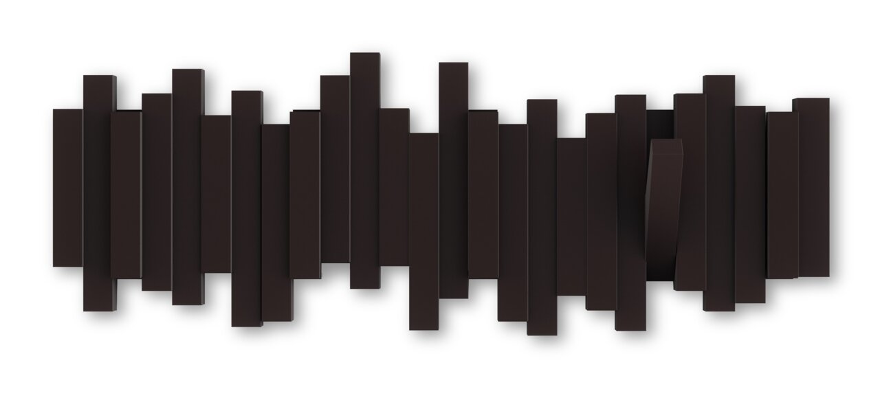 Moderne Wandgarderobe mit vertikalen, unterschiedlich langen Streben in dunkler Farbe, frontal betrachtet.