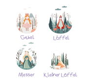Kinderbesteck-Set PRINCESS 4-tlg. mit märchenhaften Prinzessinnen-Motiven, bestehend aus Gabel, Löffel, Messer und kleinem Löffel, aus der Vogelperspektive.