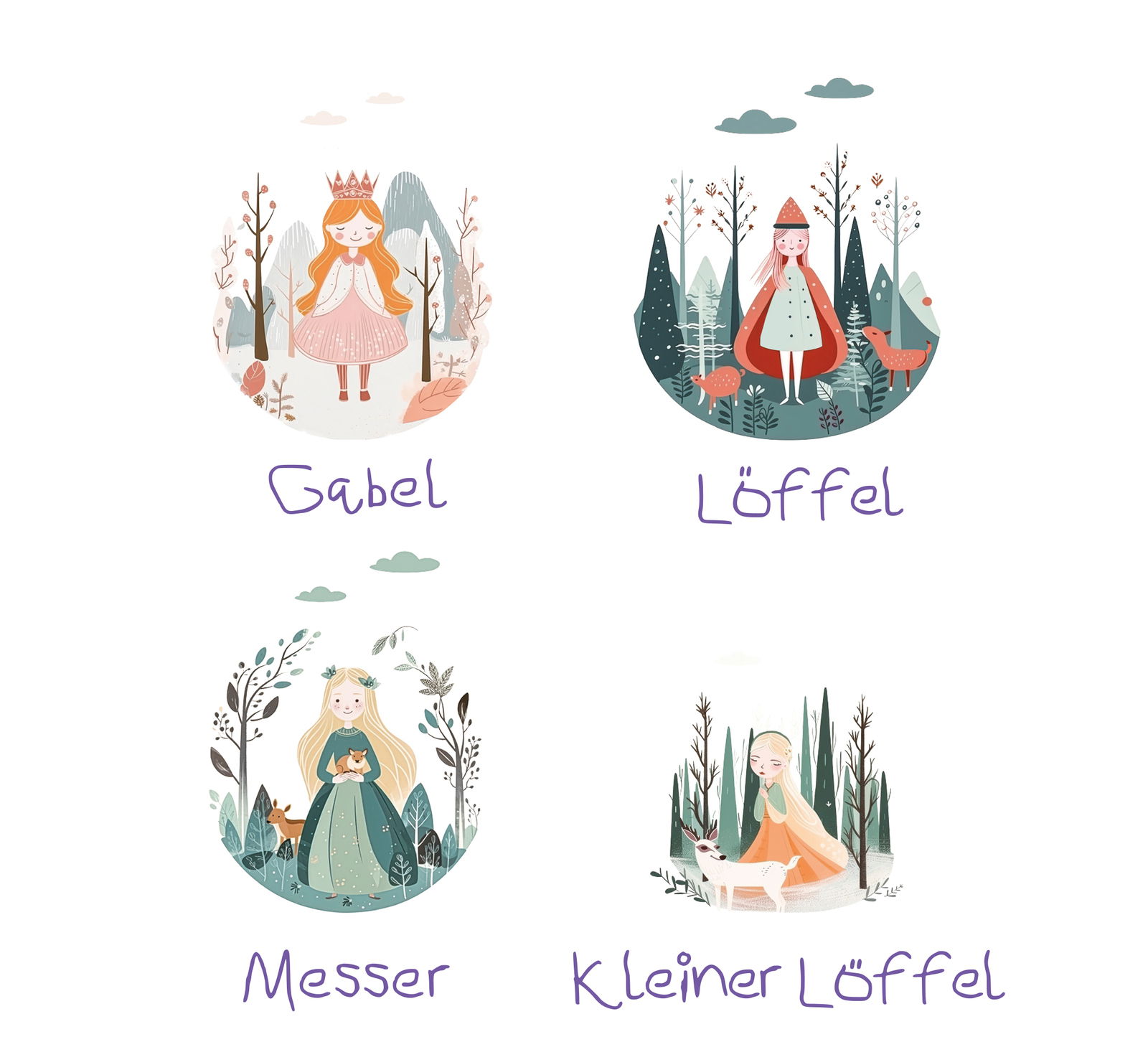 Kinderbesteck-Set PRINCESS 4-tlg. mit märchenhaften Prinzessinnen-Motiven, bestehend aus Gabel, Löffel, Messer und kleinem Löffel, aus der Vogelperspektive.