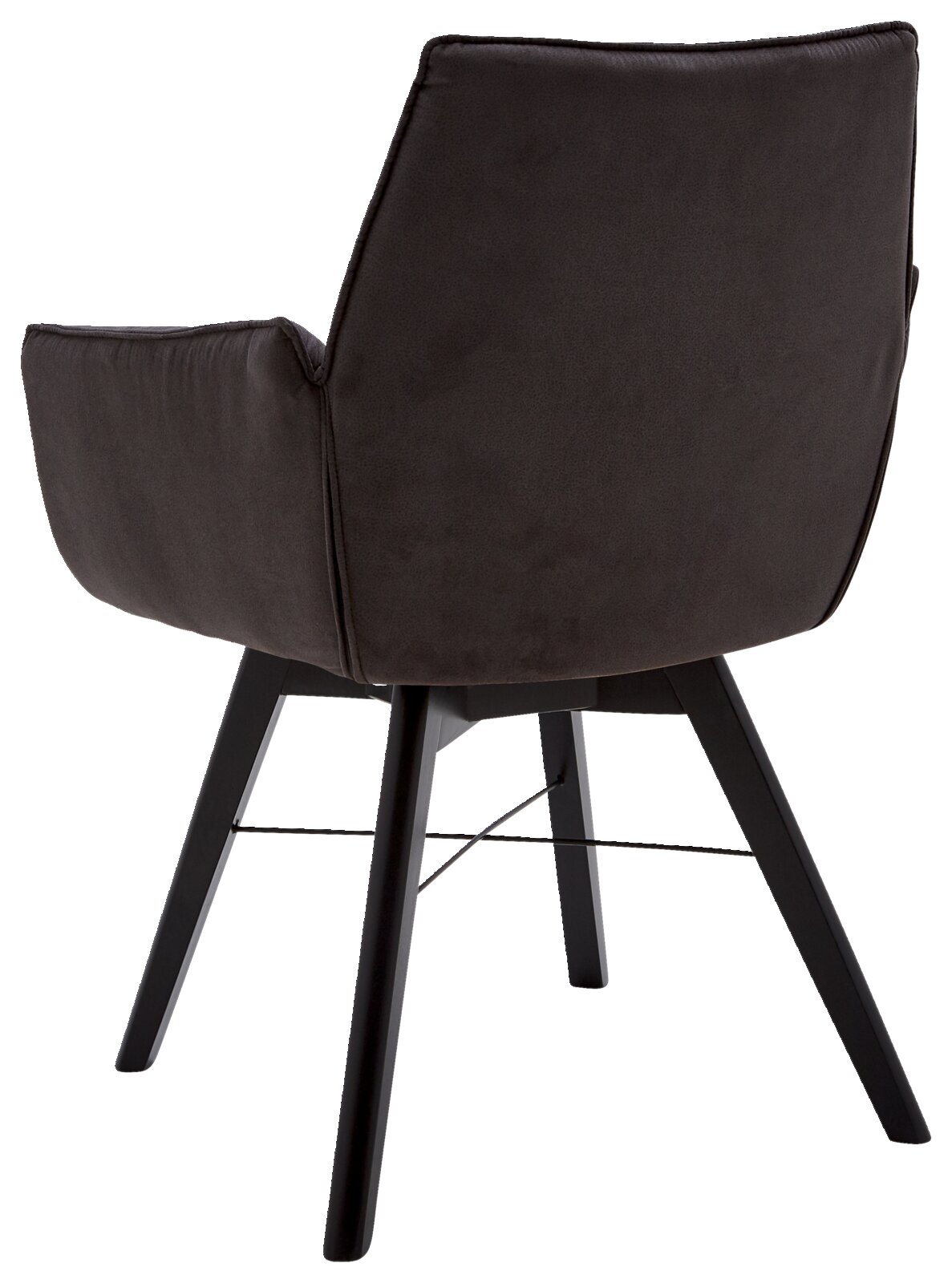 Achterkant van een moderne fauteuil met zwarte stoffen bekleding en houten poten.