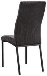 Rückansicht eines modernen Stuhls mit geripptem, dunkelgrauem Stoffbezug und schwarzen Metallbeinen.