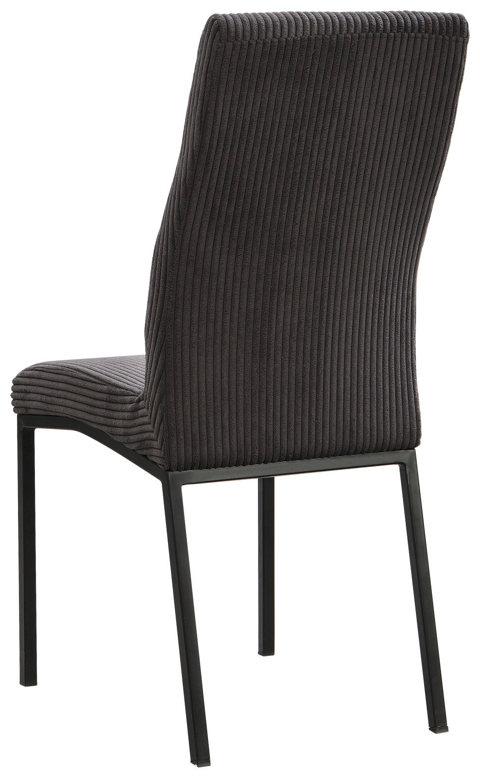 Rückansicht eines modernen Stuhls mit geripptem, dunkelgrauem Stoffbezug und schwarzen Metallbeinen.
