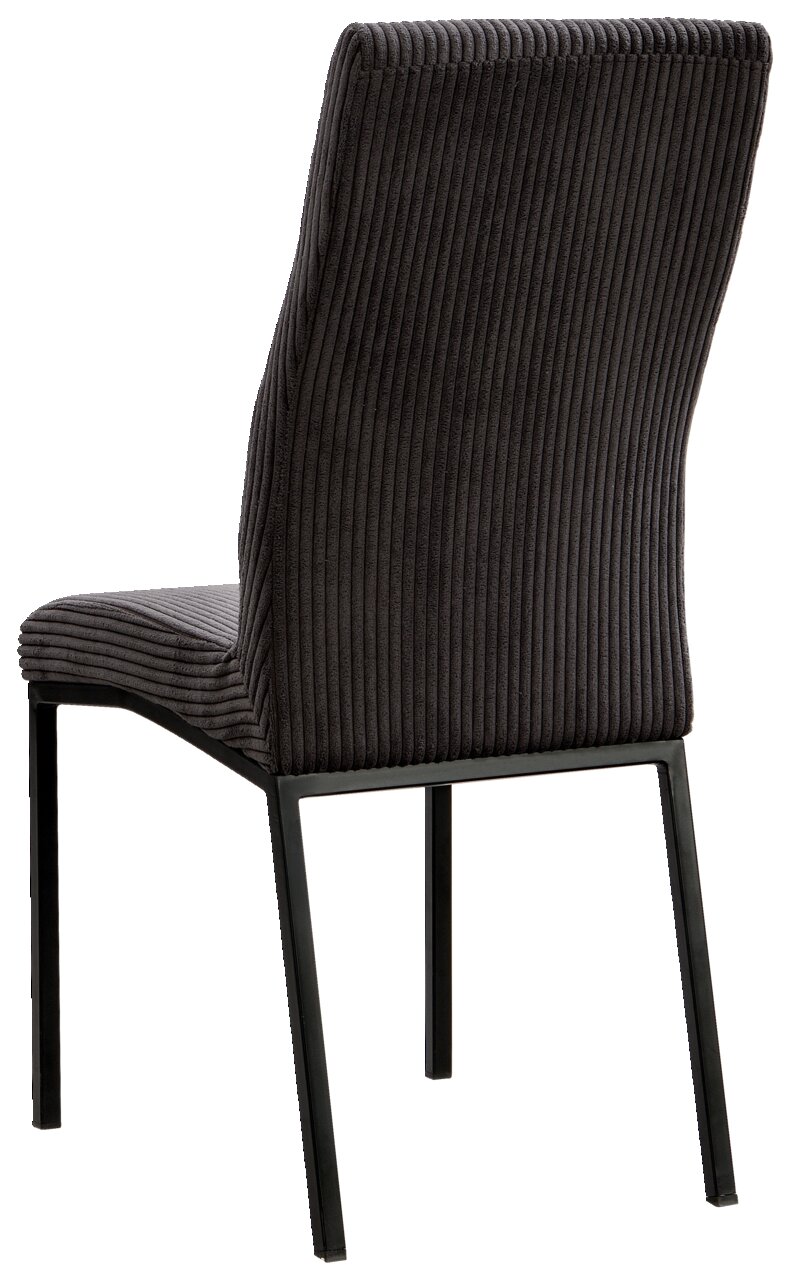 Achterkant van een moderne stoel met geribbelde, donkergrijze stoffen bekleding en zwarte metalen poten.