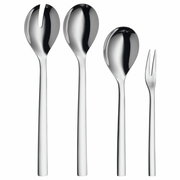 Elegantes Servier-Set aus Edelstahl, bestehend aus zwei Löffeln, einer Gabel und einem Servierlöffel mit Schlitz, frontal abgebildet.