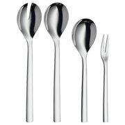 Elegantes Servier-Set aus Edelstahl, bestehend aus zwei Löffeln, einer Gabel und einem Servierlöffel mit Schlitz, frontal abgebildet.