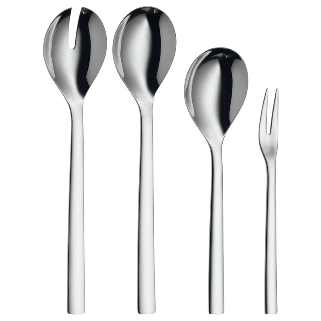 Elegantes Servier-Set aus Edelstahl, bestehend aus zwei Löffeln, einer Gabel und einem Servierlöffel mit Schlitz, frontal abgebildet.