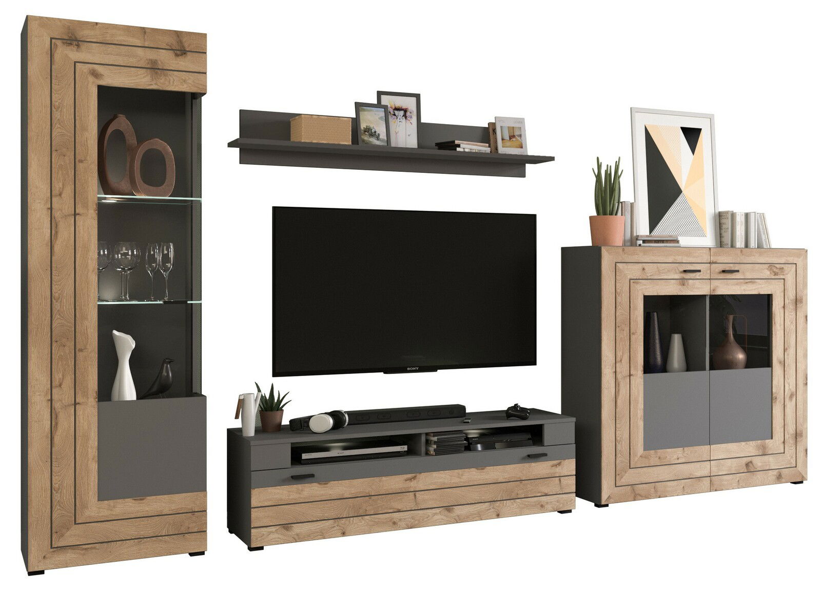 MID.YOU Wohnwandkombination FRENO Wohnwandkombination in Holzoptik mit grauen Elementen, bestehend aus Vitrine, TV-Board, Wandregal und Schrank, frontal betrachtet.