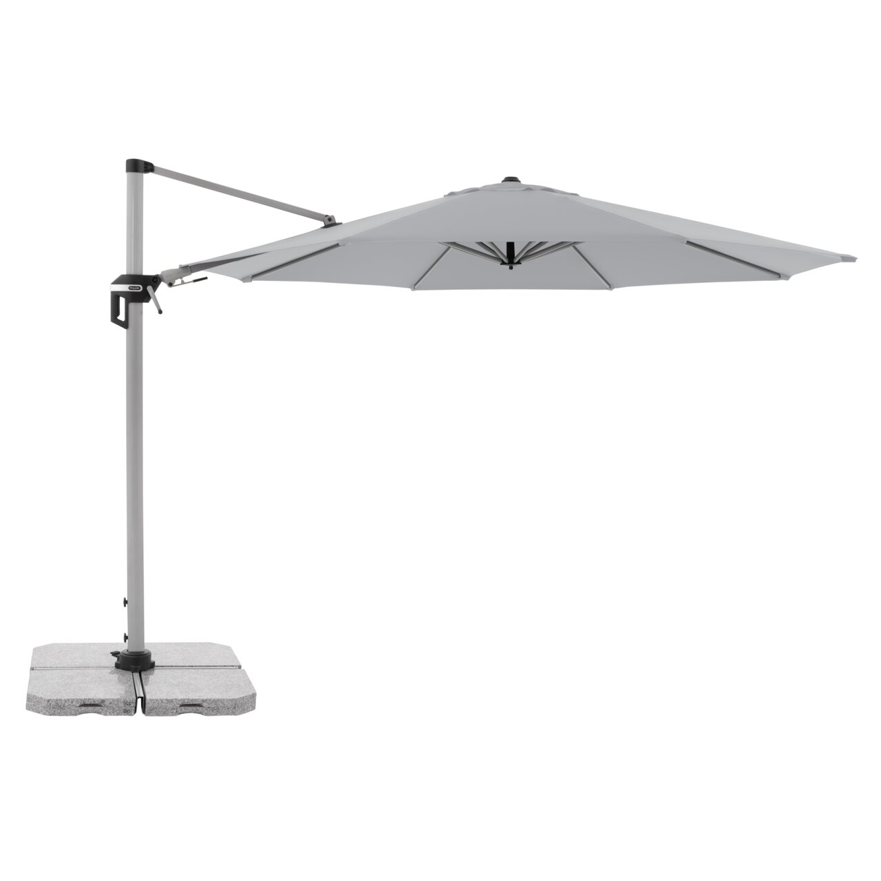 Doppler Pendelschirm ACTIVE PENDEL Seitliche Ansicht eines grauen Pendelschirms mit stabilem Standfuß.