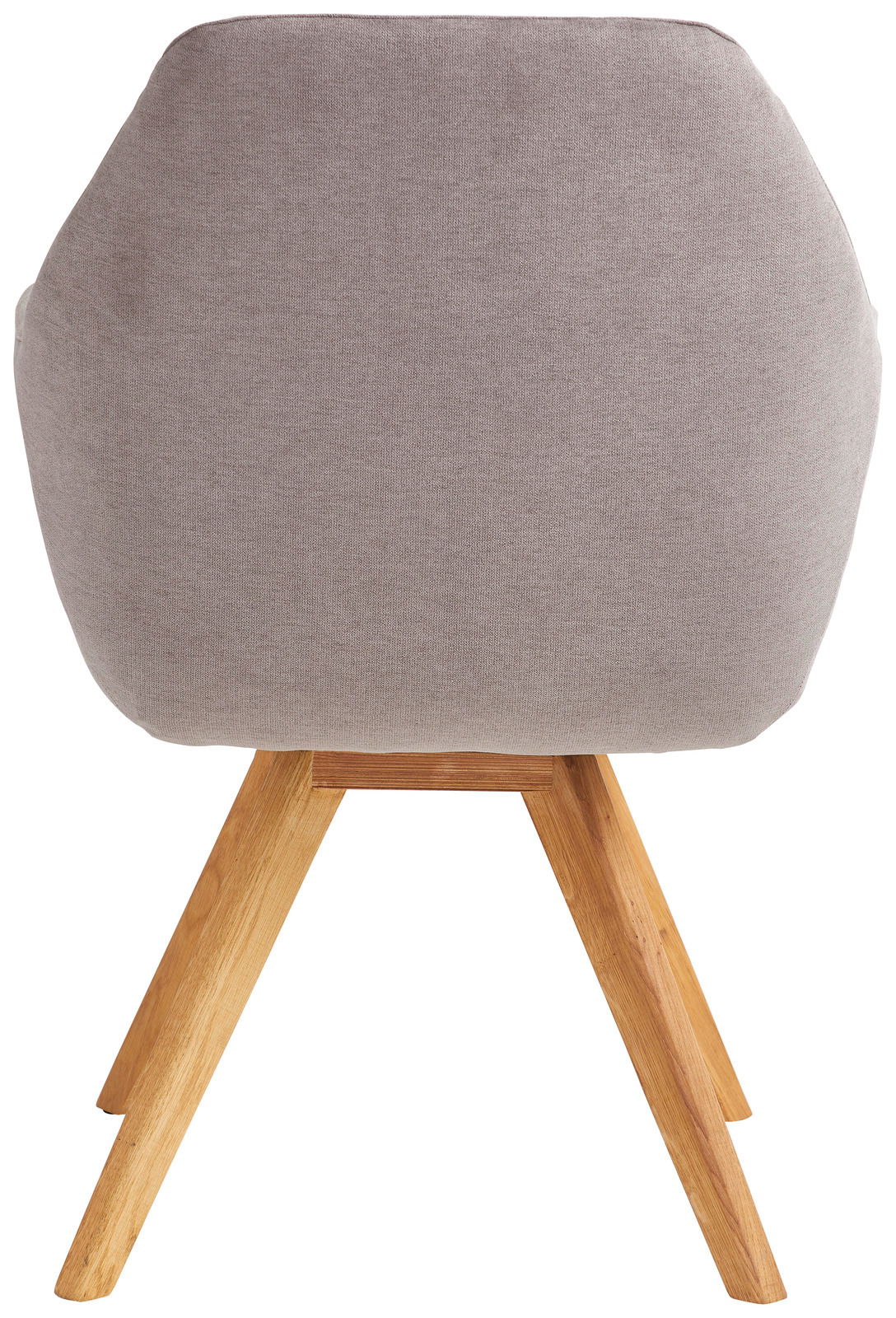 Rückansicht eines Sessels mit grauem Stoffbezug und Holzbeinen