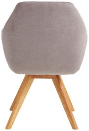 Rückansicht eines Sessels mit grauem Stoffbezug und Holzbeinen