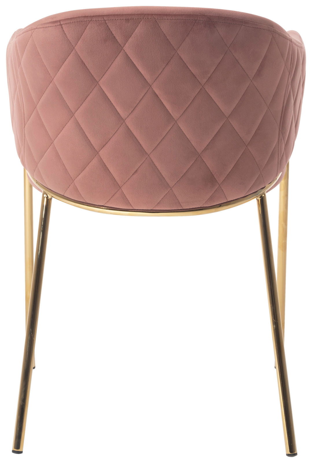 Rückansicht eines Armlehnstuhls mit rosa, gestepptem Stoffbezug und goldenen Metallbeinen.