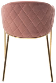 Achterkant van een fauteuil met een roze, doorgestikte stoffen bekleding en gouden metalen poten.