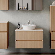 Modernes Waschtisch-Set mit Holzoptik, bestehend aus einem Waschbecken und Unterschrank, frontal abgebildet.