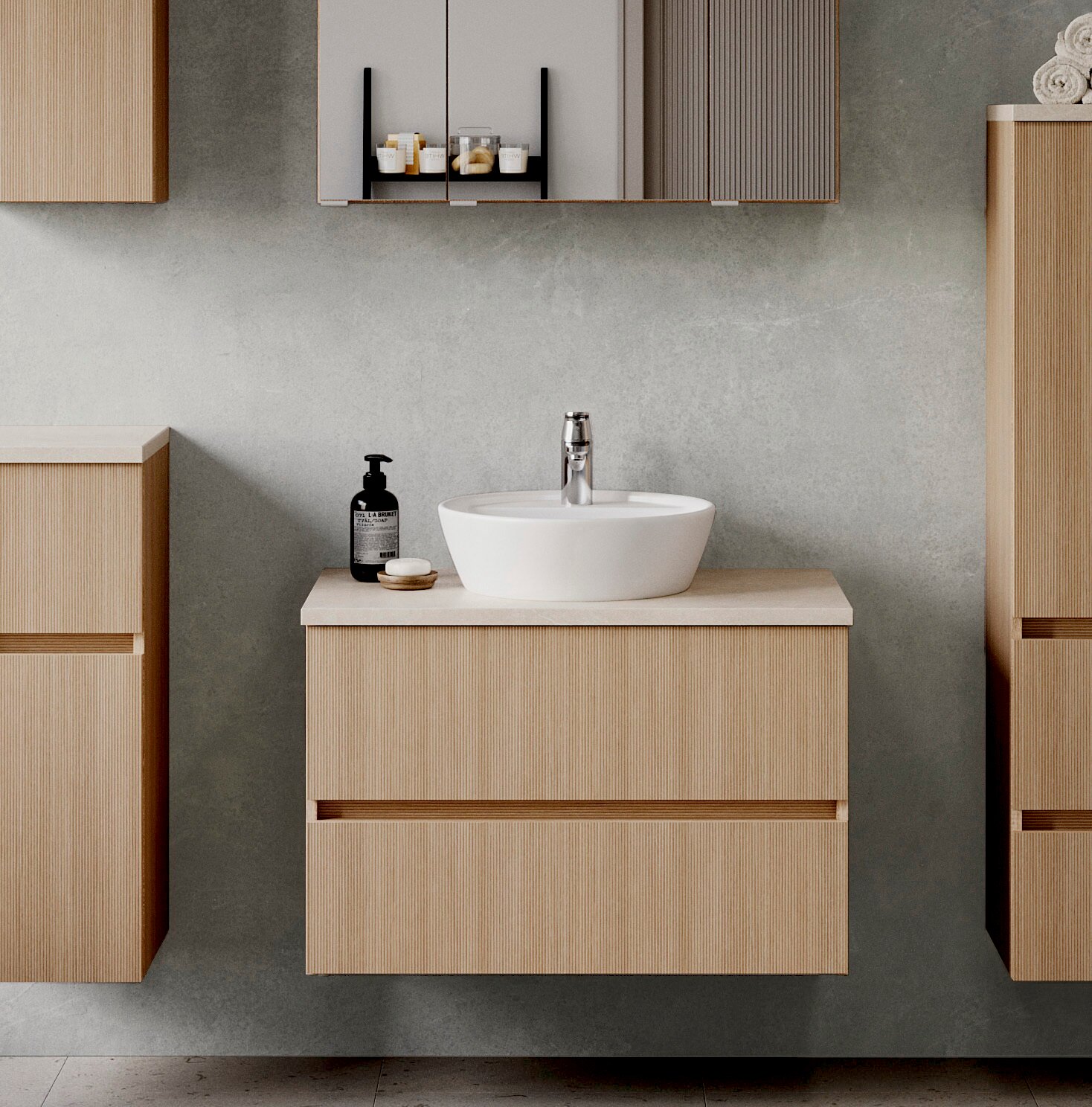 Modernes Waschtisch-Set mit Holzoptik, bestehend aus einem Waschbecken und Unterschrank, frontal abgebildet.