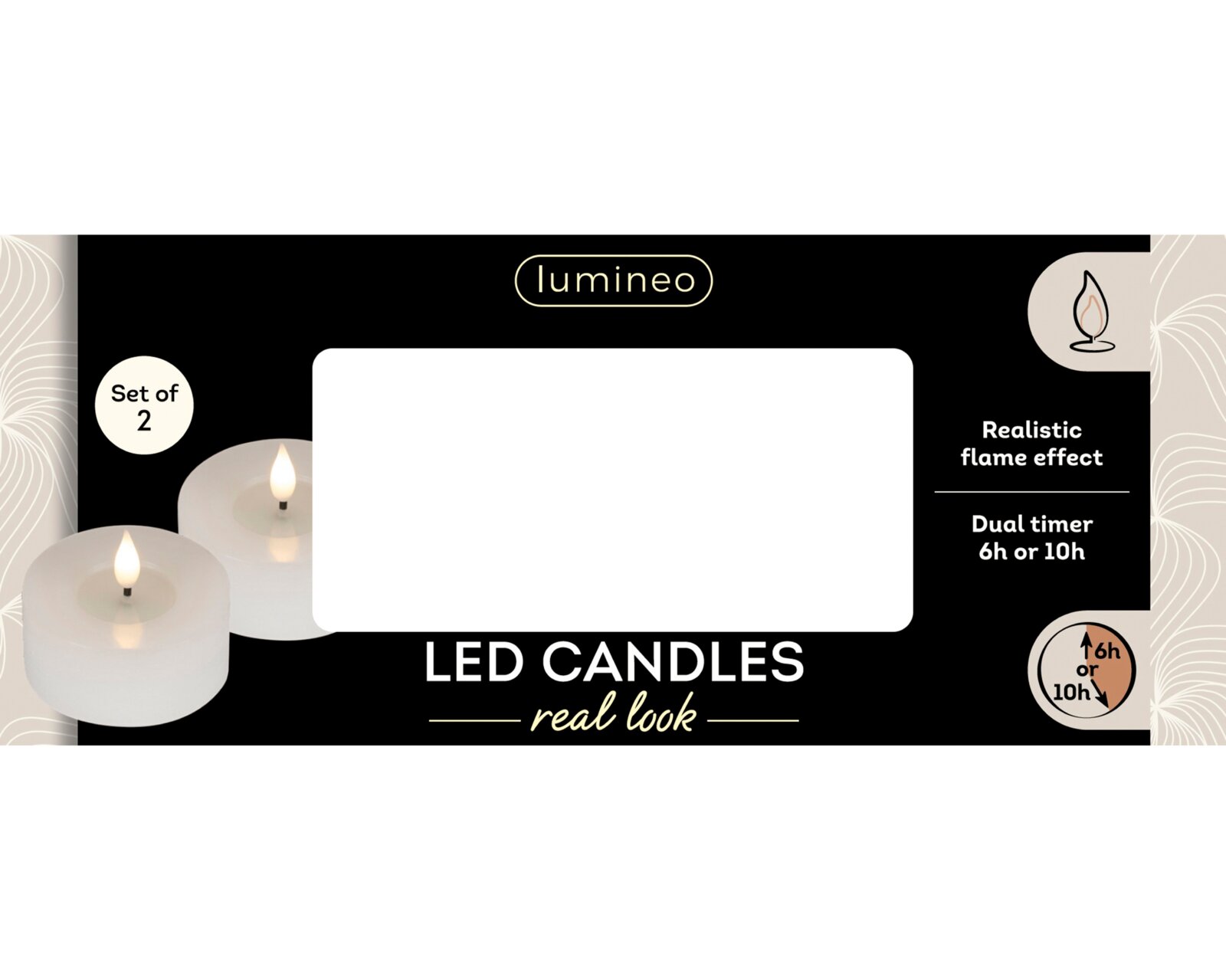 Frontalansicht der Verpackung eines Lumineo 2er-Sets weißer LED-Kerzen mit realistischem Flammeneffekt und wählbarem 6- oder 10-Stunden-Timer