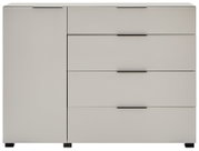 Modernes Sideboard in hellgrau/beige mit vier Schubladen und einer Tür, schwarzer Griffleiste und Füßen, Frontansicht