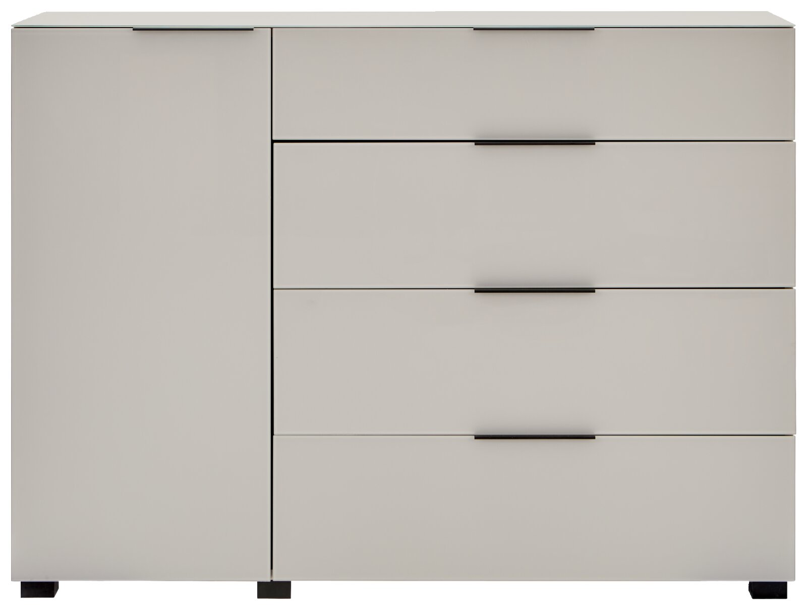 Modernes Sideboard in hellgrau/beige mit vier Schubladen und einer Tür, schwarzer Griffleiste und Füßen, Frontansicht