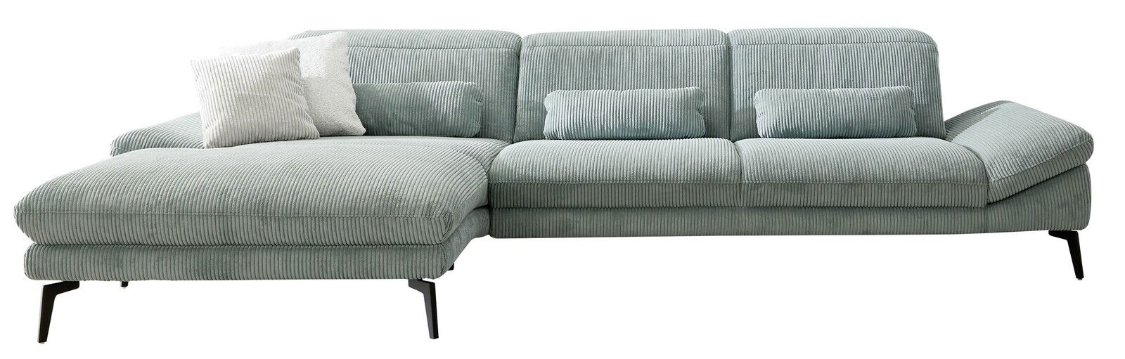 Graue Longchairkombination aus Cordstoff mit schwarzen Metallfüßen, seitliche Perspektive