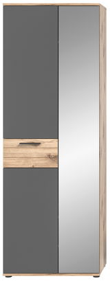 Moderner Garderobenschrank mit grauer und holzfarbener Front, rechte Tür mit Spiegel, Frontalansicht.
