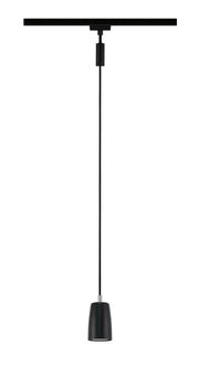 Schwarzes Schienenpendel Cover, hängend von einer Schiene, seitliche Perspektive