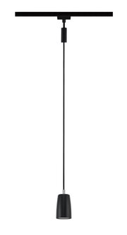 Schwarzes Schienenpendel Cover, hängend von einer Schiene, seitliche Perspektive