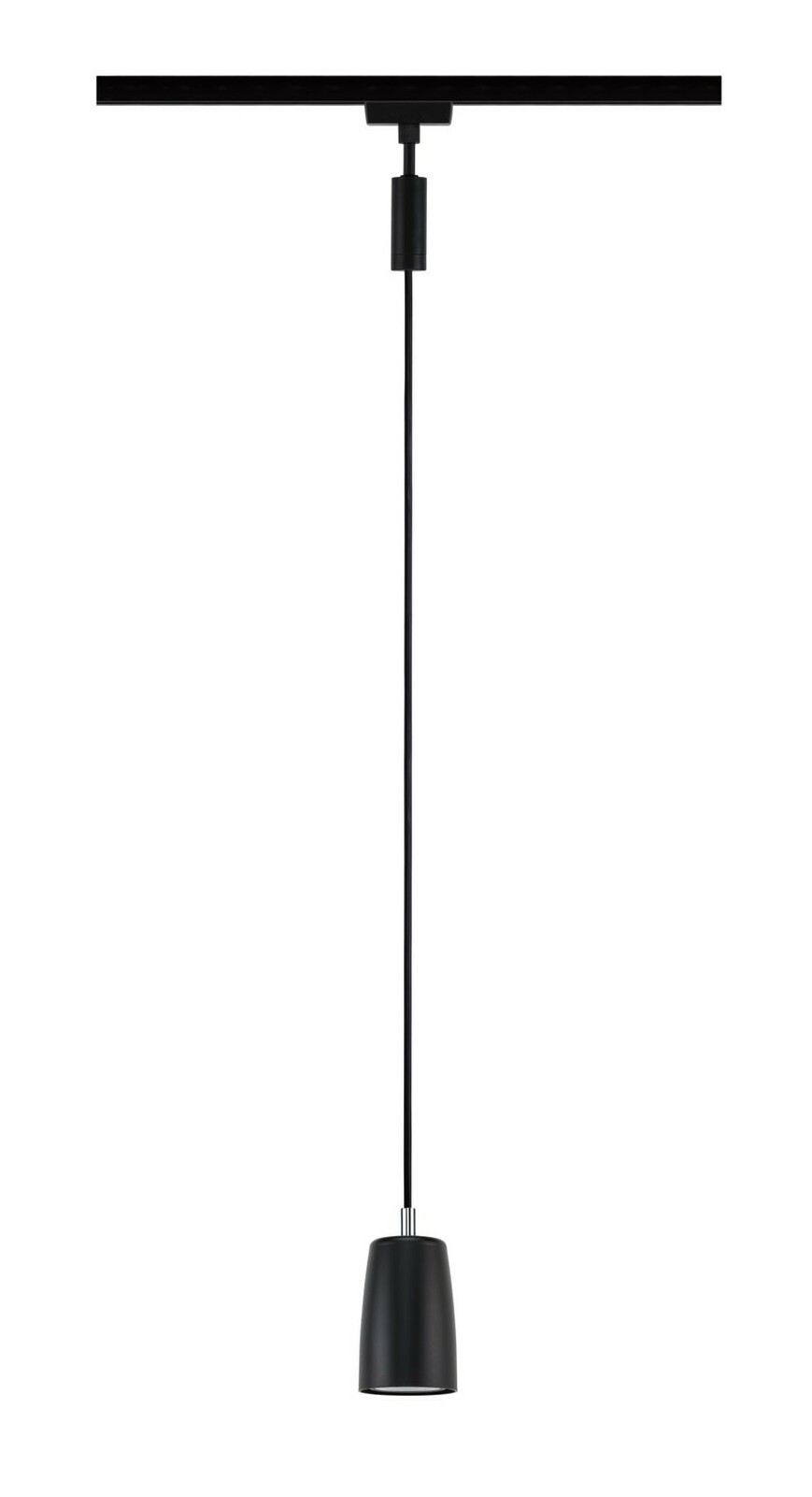 Schwarzes Schienenpendel Cover, hängend von einer Schiene, seitliche Perspektive