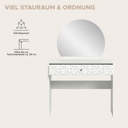 Weißer Schminktisch mit rundem Spiegel und geometrisch gemusterter Schublade, Vorderansicht