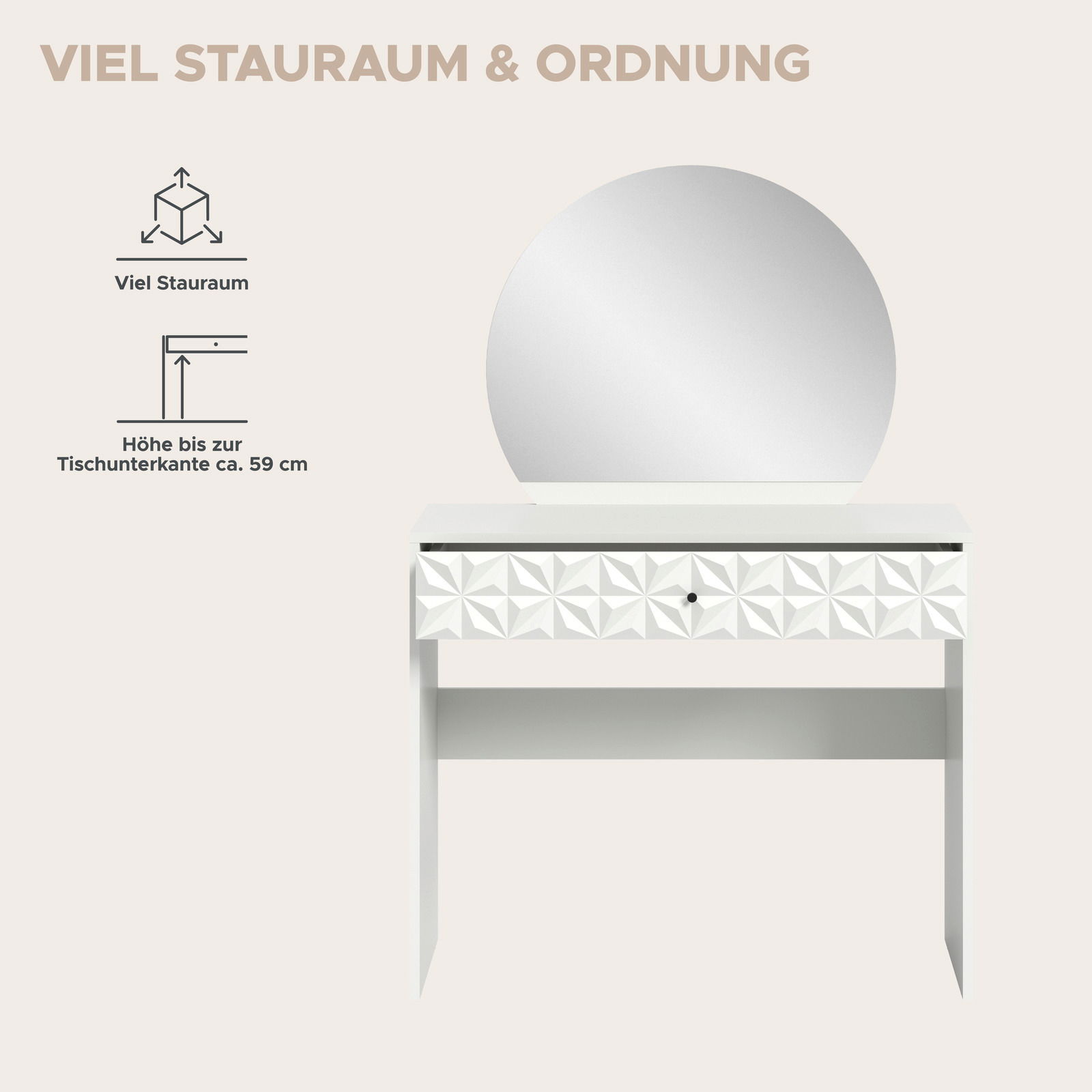 Weißer Schminktisch mit rundem Spiegel und geometrisch gemusterter Schublade, Vorderansicht