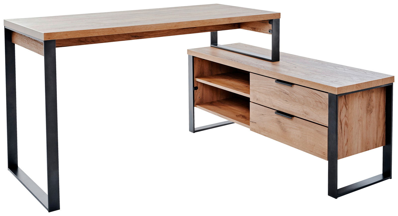 Moderner Eck-Schreibtisch aus Holz mit schwarzem Metallrahmen, seitliche Perspektive