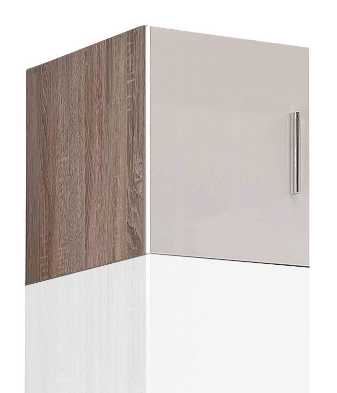 Küchenschrankaufsatz in Holzoptik und glänzendem Weiß, seitliche Perspektive