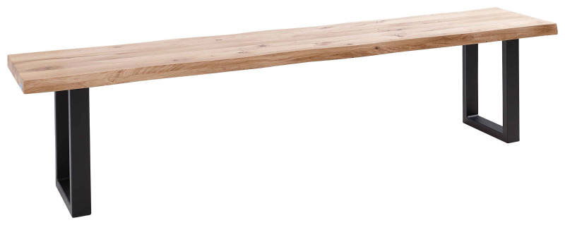 Holzbank mit Metallbeinen, seitliche Perspektive