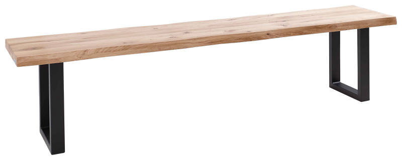 Holzbank mit Metallbeinen, seitliche Perspektive