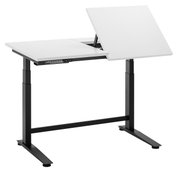 Moderner höhenverstellbarer E-Schreibtisch mit geteilter Arbeitsfläche, eine Seite neigbar, in seitlicher Perspektive.