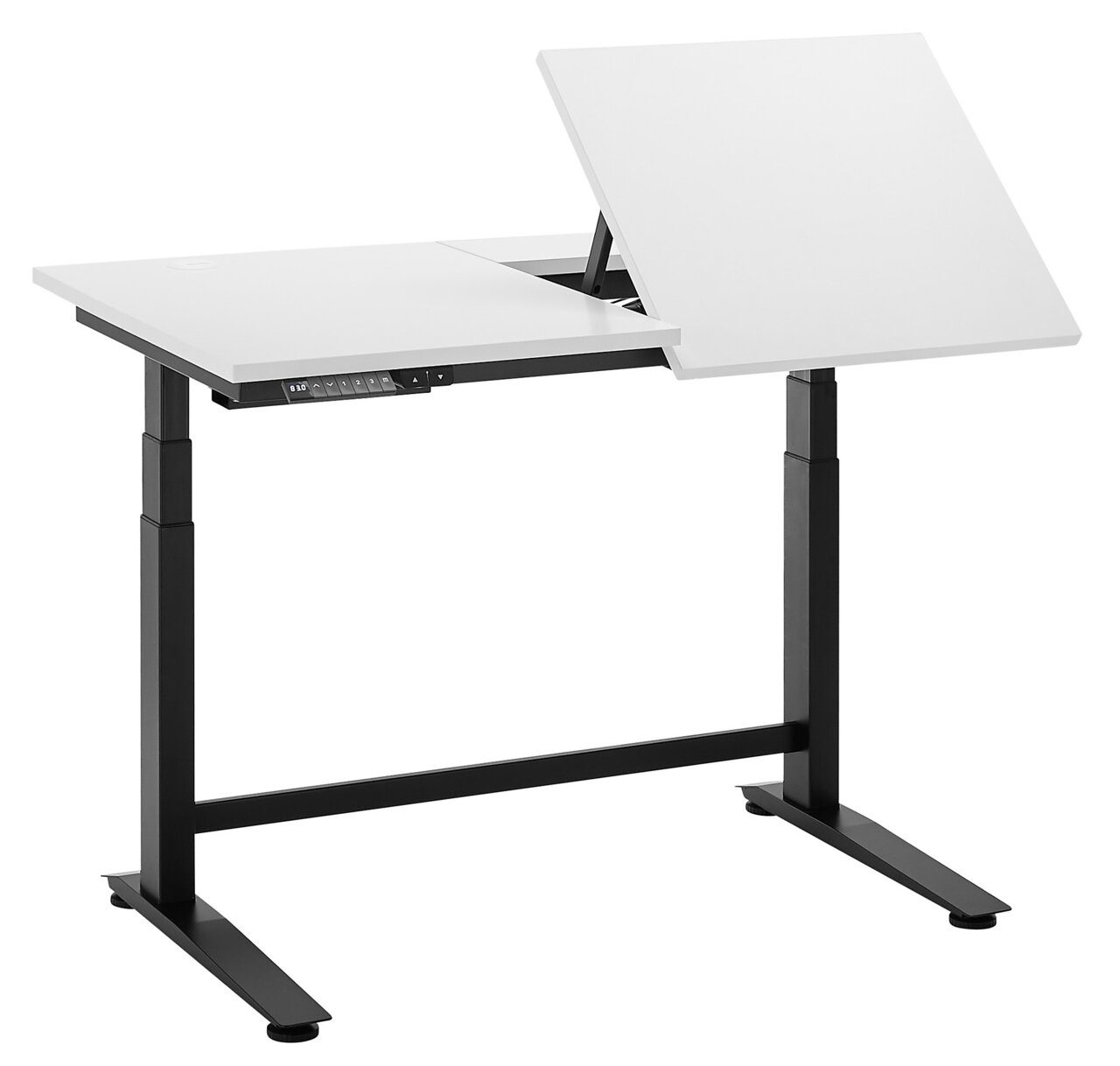 Modern, in hoogte verstelbaar elektrisch bureau met een gedeeld werkblad, waarvan één kant kantelbaar is, gezien vanuit een zijaanzicht.
