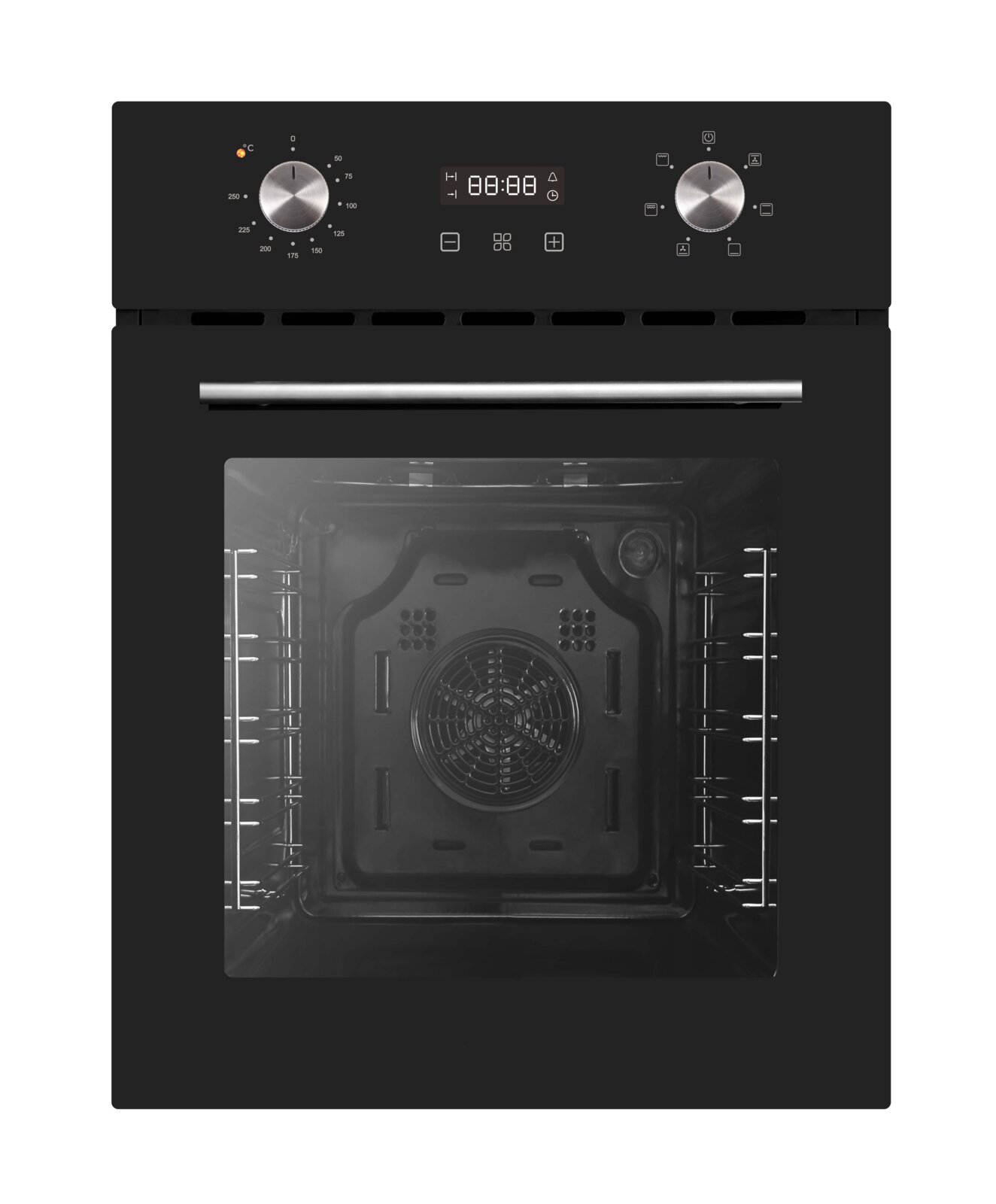 Schwarzer Einbau-Backofen mit Digitaldisplay und zwei Drehknöpfen, Frontansicht mit Blick in den Garraum und sichtbarem Umluftventilator