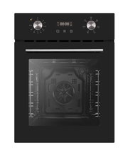 Schwarzer Einbau-Backofen mit Digitaldisplay und zwei Drehknöpfen, Frontansicht mit Blick in den Garraum und sichtbarem Umluftventilator