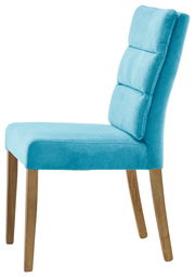 Moderner Stuhl mit türkisfarbenem Stoffbezug und Holzbeinen, Seitenansicht
