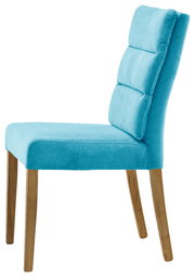 Moderner Stuhl mit türkisfarbenem Stoffbezug und Holzbeinen, Seitenansicht