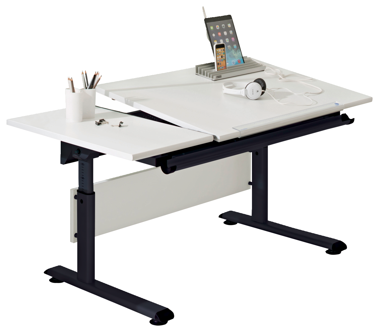 Paidi Schreibtisch MARCO2 GT Moderner höhenverstellbarer Schreibtisch mit weißer Tischplatte und schwarzem Gestell, seitliche Perspektive. Ausgestattet mit Stifthalter, Kopfhörer und Tablet-Ständer.