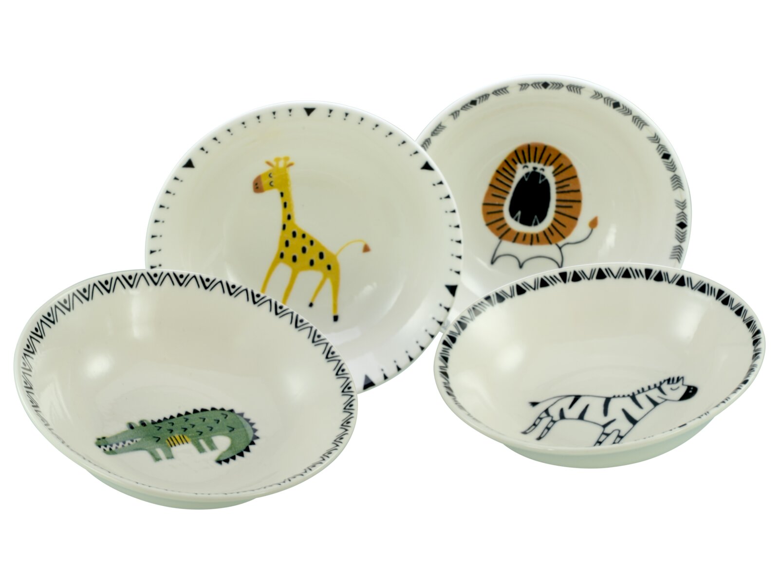 creaTable Schalen-Set 4-tlg. SAFARI Vier weiße Kinderschalen mit schwarz gemustertem Rand und Tiermotiven (Giraffe, Löwe, Krokodil, Zebra), fotografiert in leicht schräger Draufsicht auf weißem Hintergrund