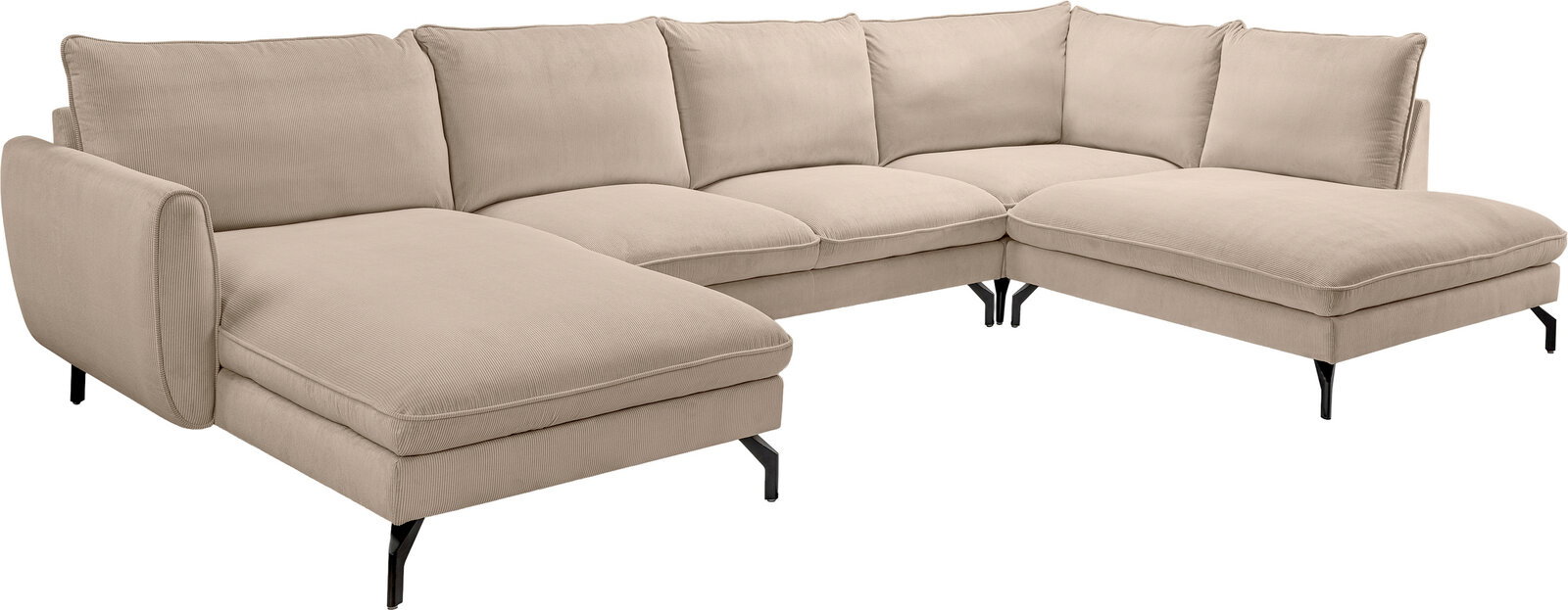 Beiges U-förmiges Ecksofa mit Cordbezug, zwei Ottomane-Elementen, gepolsterten Rückenlehnen und schwarzen Metallfüßen, freigestellt auf weißem Hintergrund, Ansicht schräg von vorne.