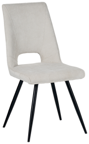Moderner Stuhl mit hellgrauem Stoffbezug und schwarzen Metallbeinen, seitliche Perspektive