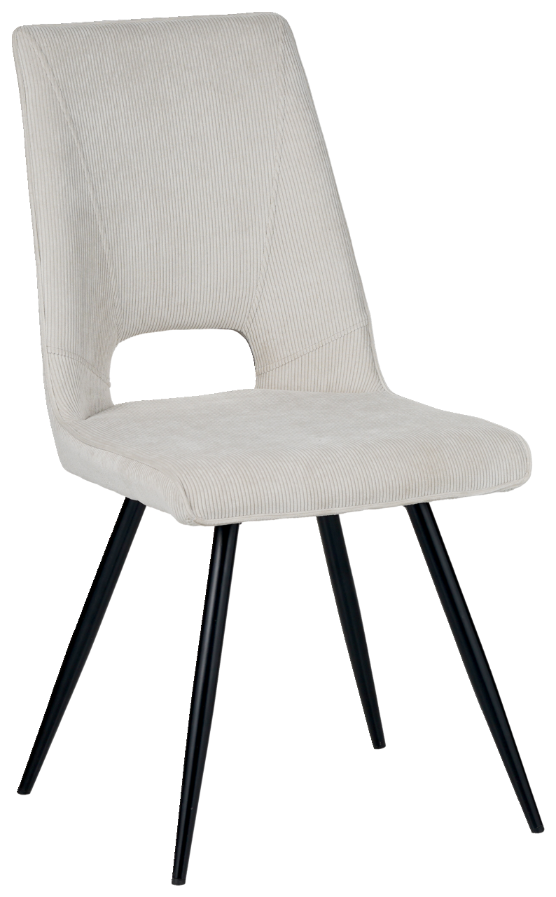 Moderner Stuhl mit hellgrauem Stoffbezug und schwarzen Metallbeinen, seitliche Perspektive