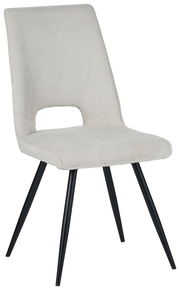 Moderner Stuhl mit hellgrauem Stoffbezug und schwarzen Metallbeinen, seitliche Perspektive