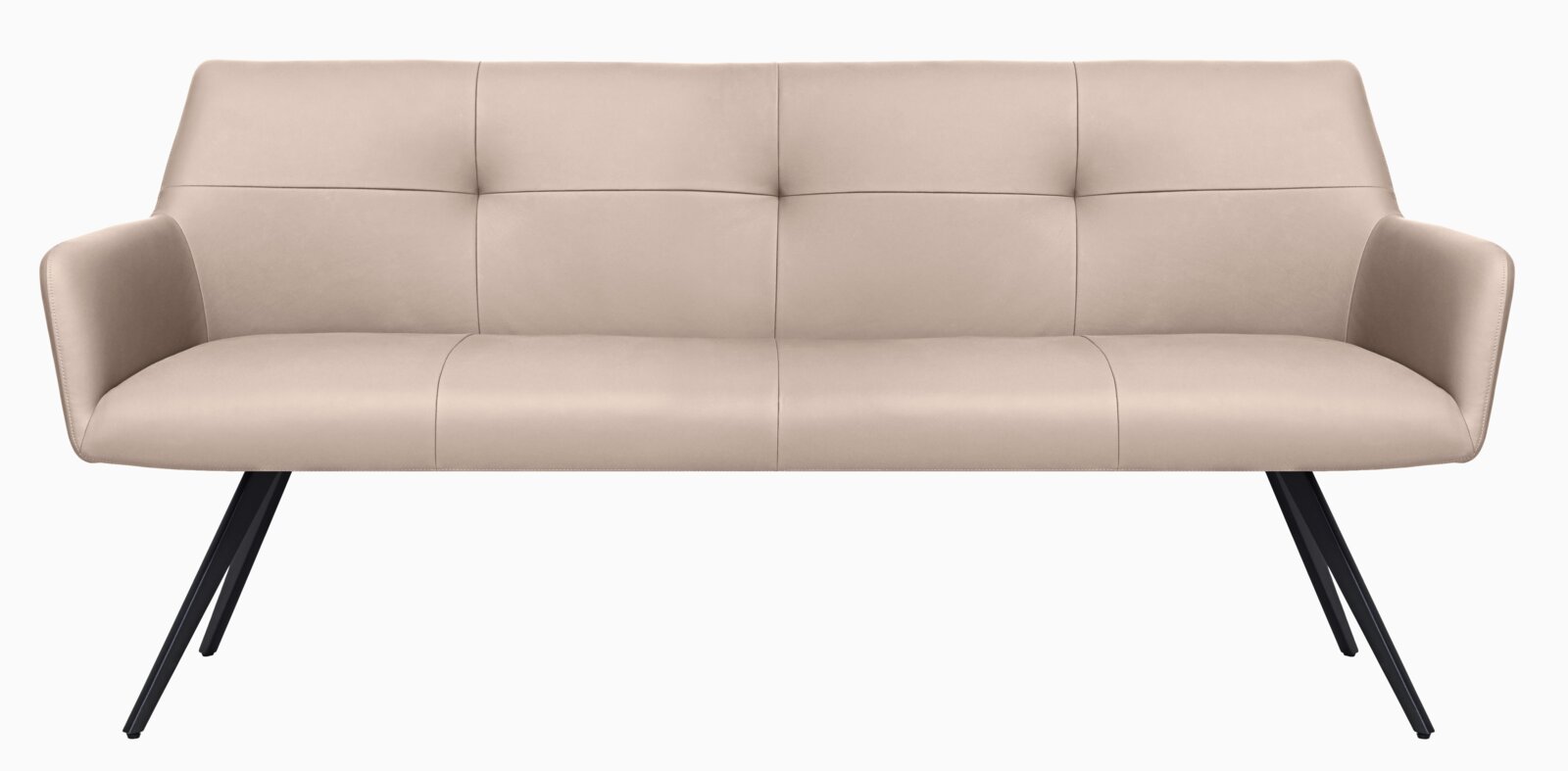 Beige bank met zwart metalen frame, vooraanzicht